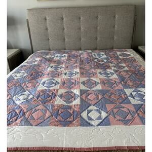 Vintage Machine Sewn Diamond Patchwork Quilt 80” x 80” Pink Blue Sz Full Double